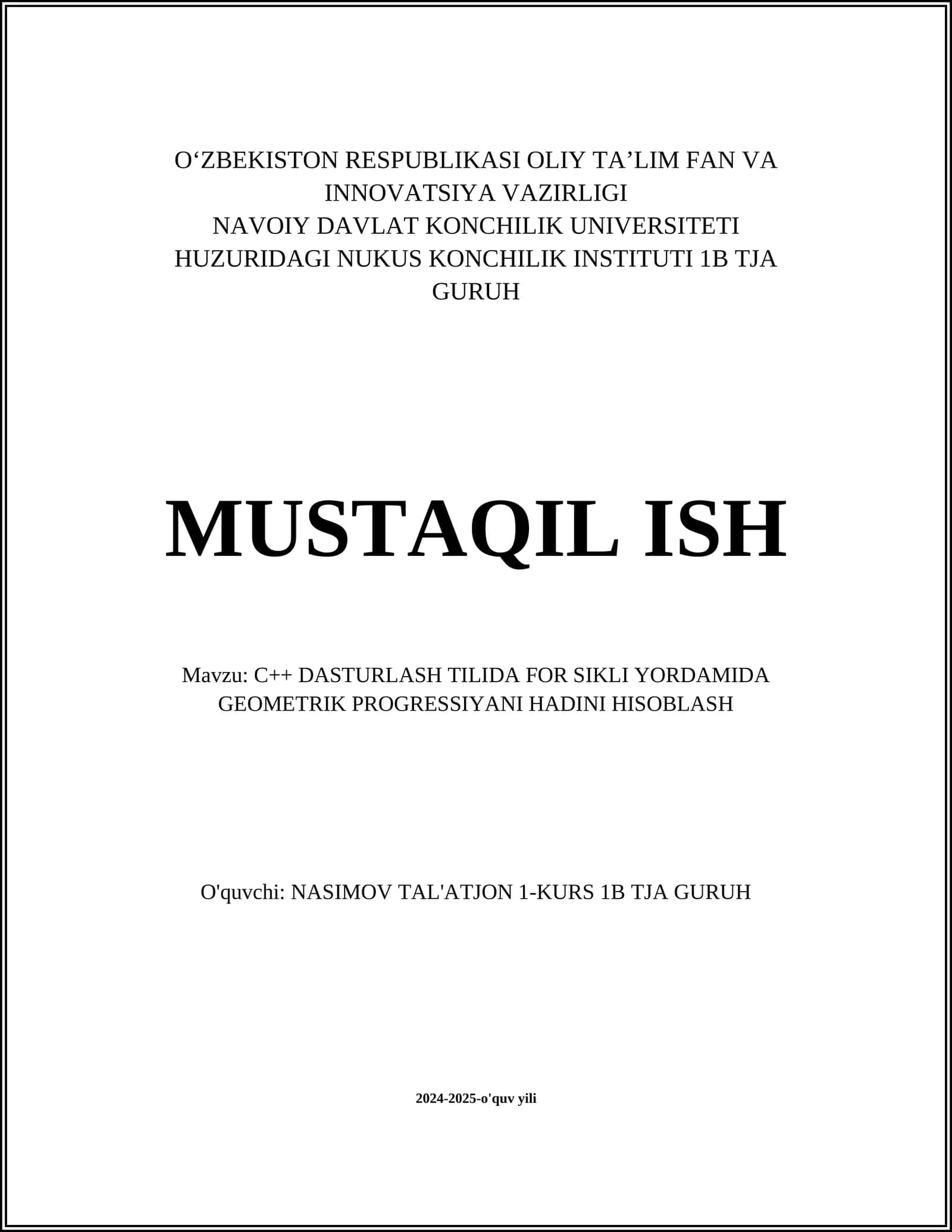 C++ DASTURLASH TILIDA FOR SIKLI YORDAMIDA GEOMETRIK PROGRESSIYANI HADINI HISOBLASH 1
