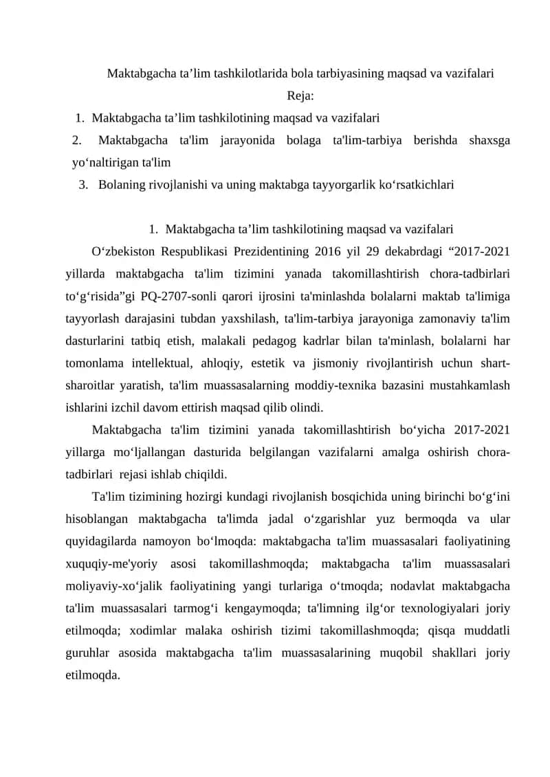Maktabgacha ta’lim tashkilotlarida bola tarbiyasining maqsad va vazifalari 1