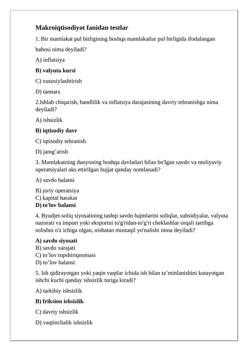 Makroiqtisodiyot fanidan testlar 1