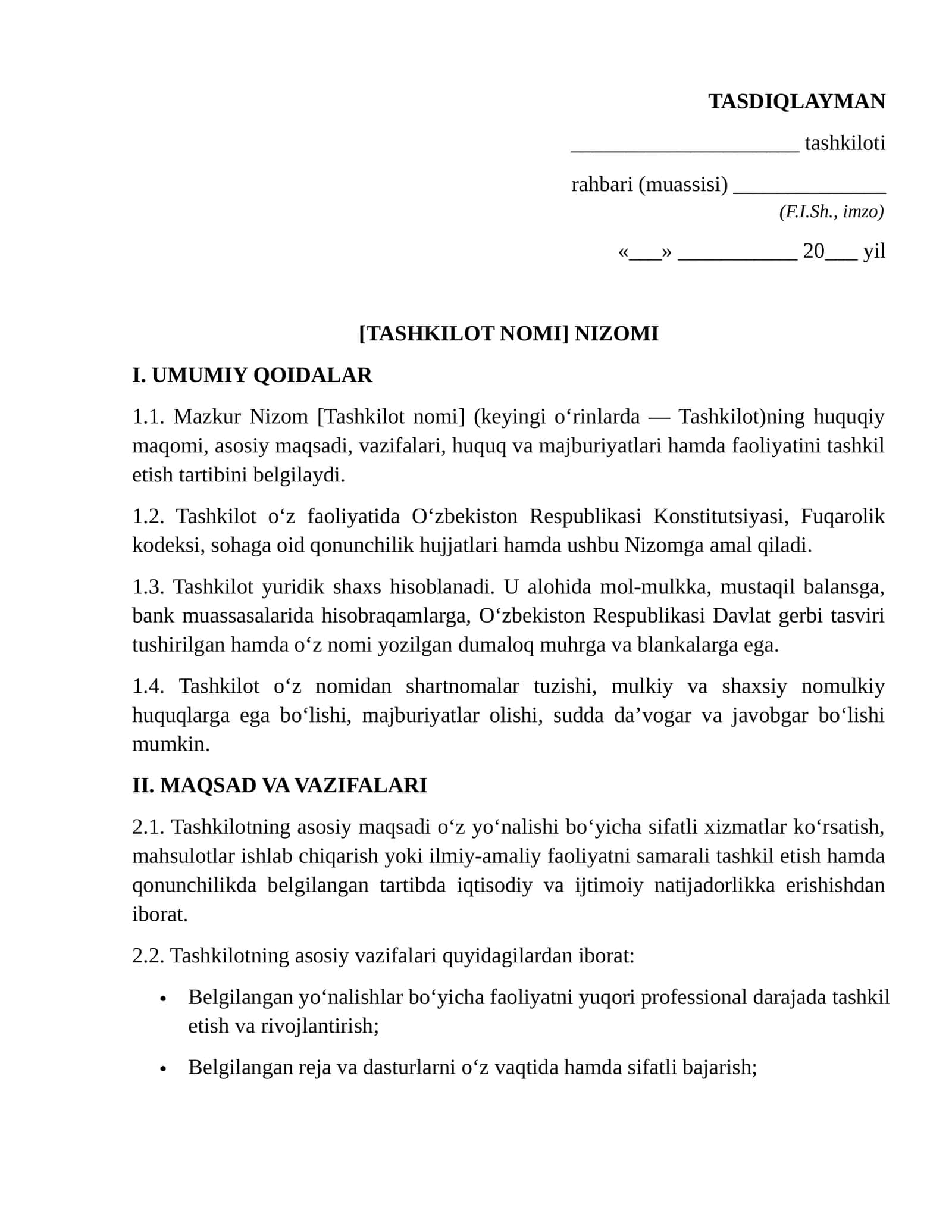 Korxona, tashkilot MCHJ, XKlar uchun ustav 1