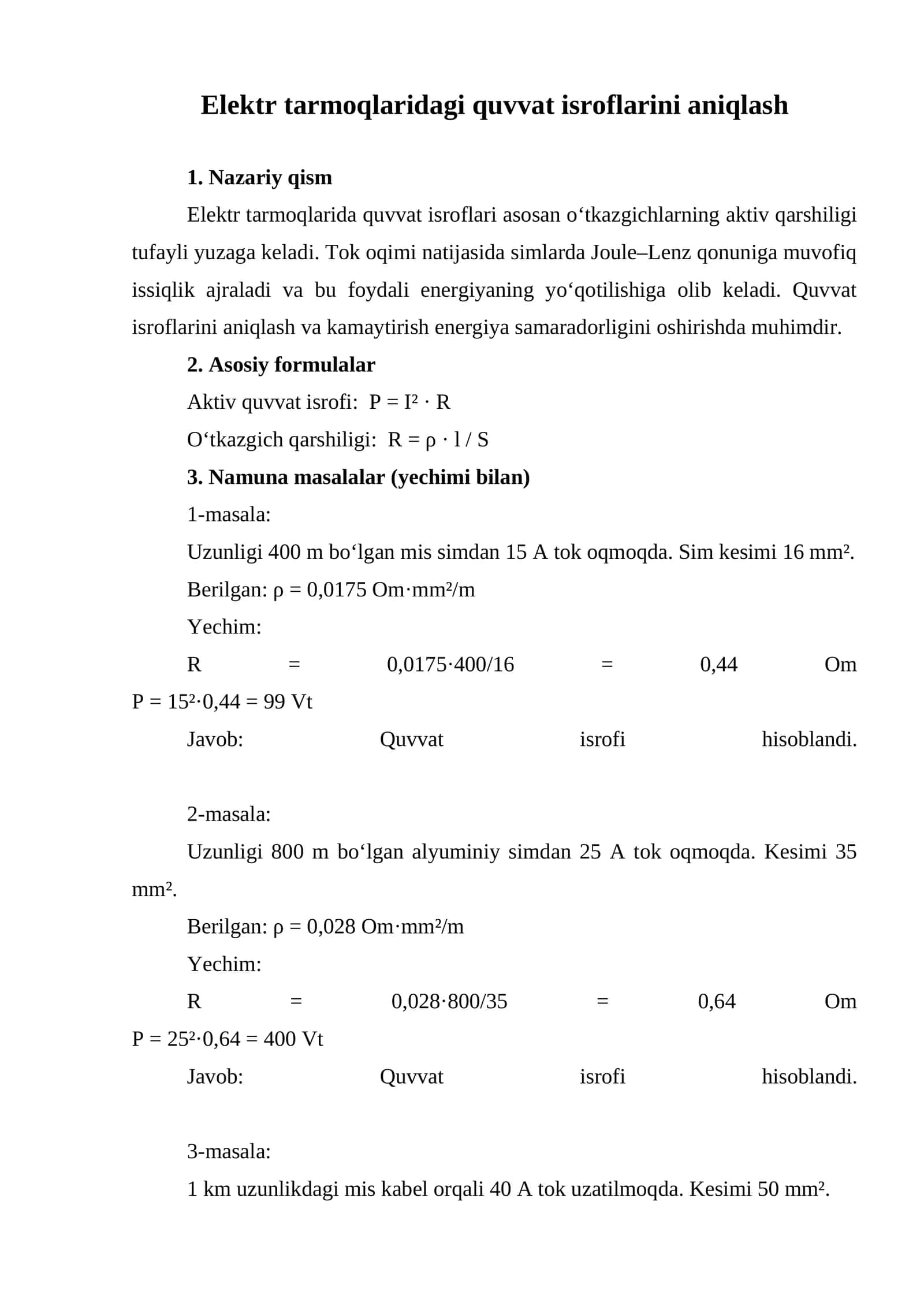 Elektr tarmoqlaridagi quvvat isroflarini aniqlash 1