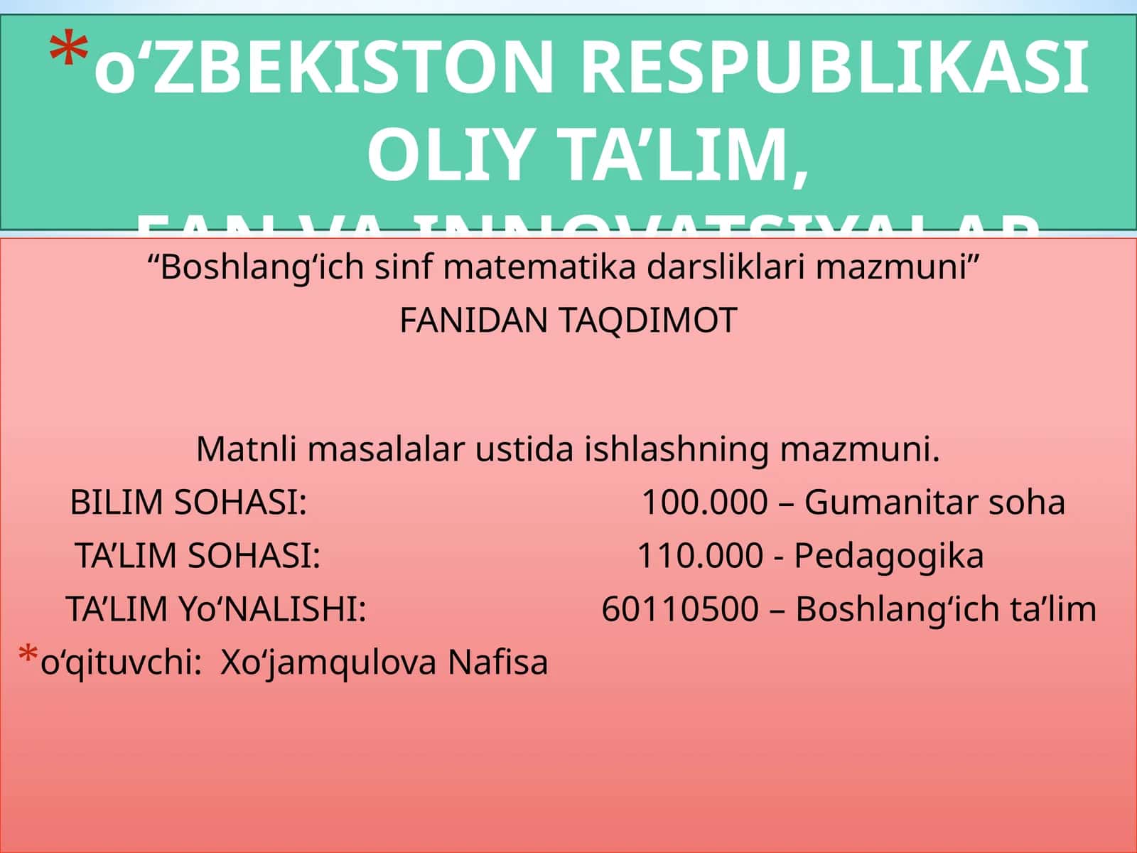 Boshlang‘ich sinf matematika darsliklari mazmuni 1