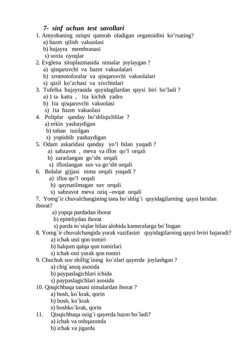 7-sinf uchun test savollari 1