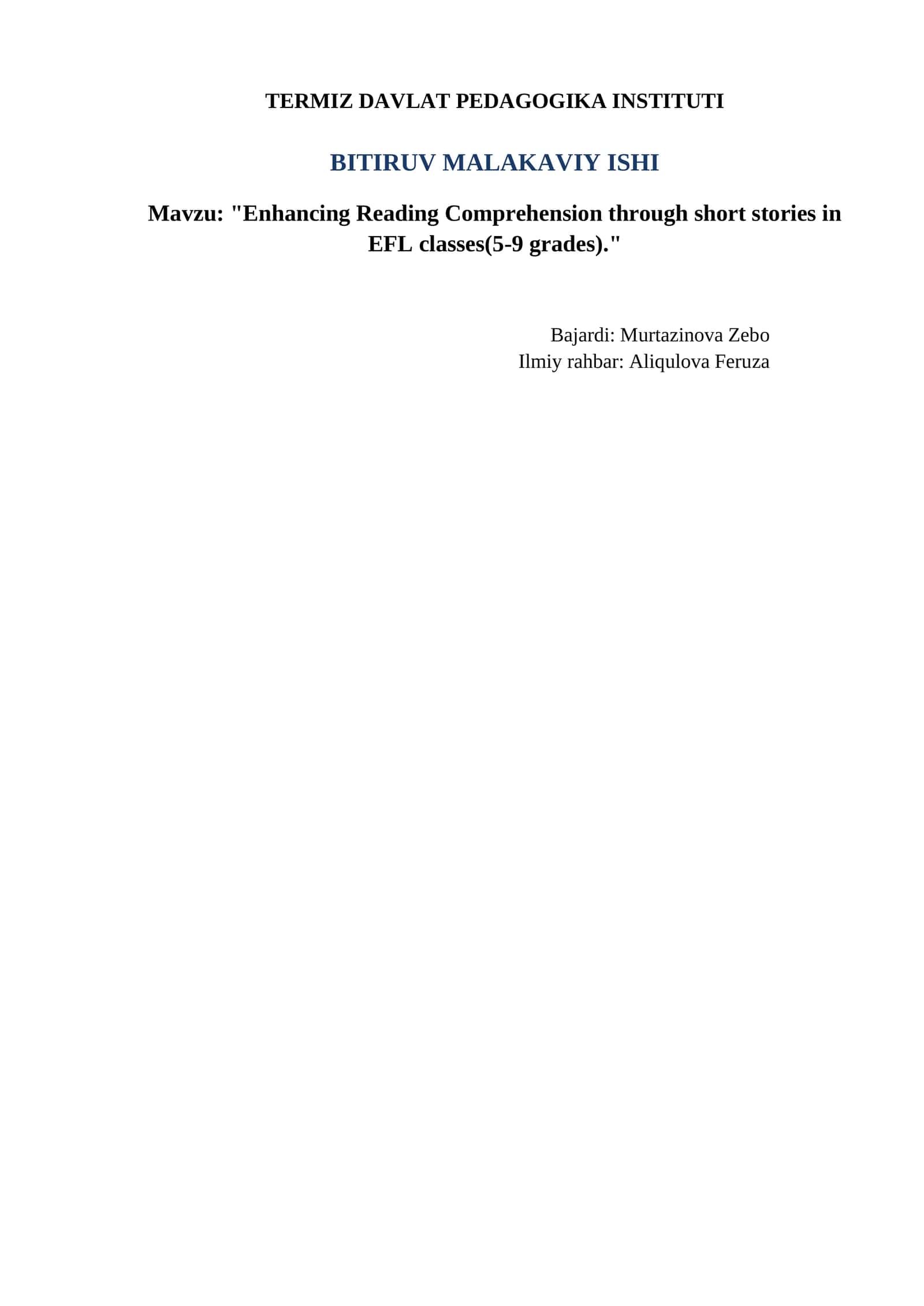 "Enhancing Reading Comprehension through short stories in EFL classes(5-9 grades)." 1