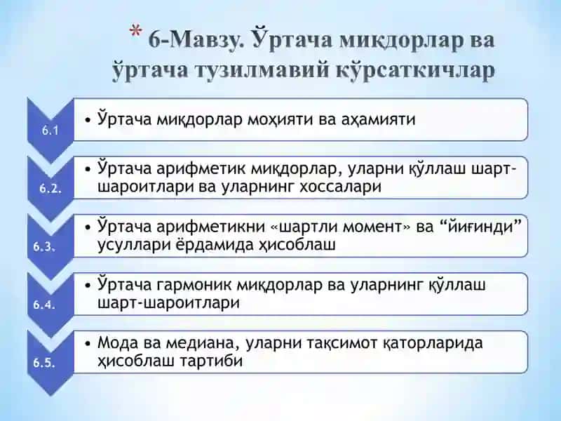 Ўртача миқдорлар ва ўртача тузилмавий кўрсаткичлар