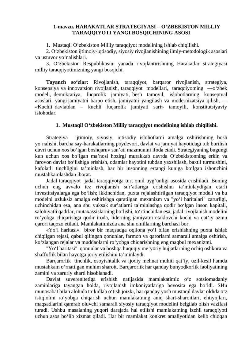 Mustaqil O‘zbekiston Milliy Taraqqiyot Modeli 1