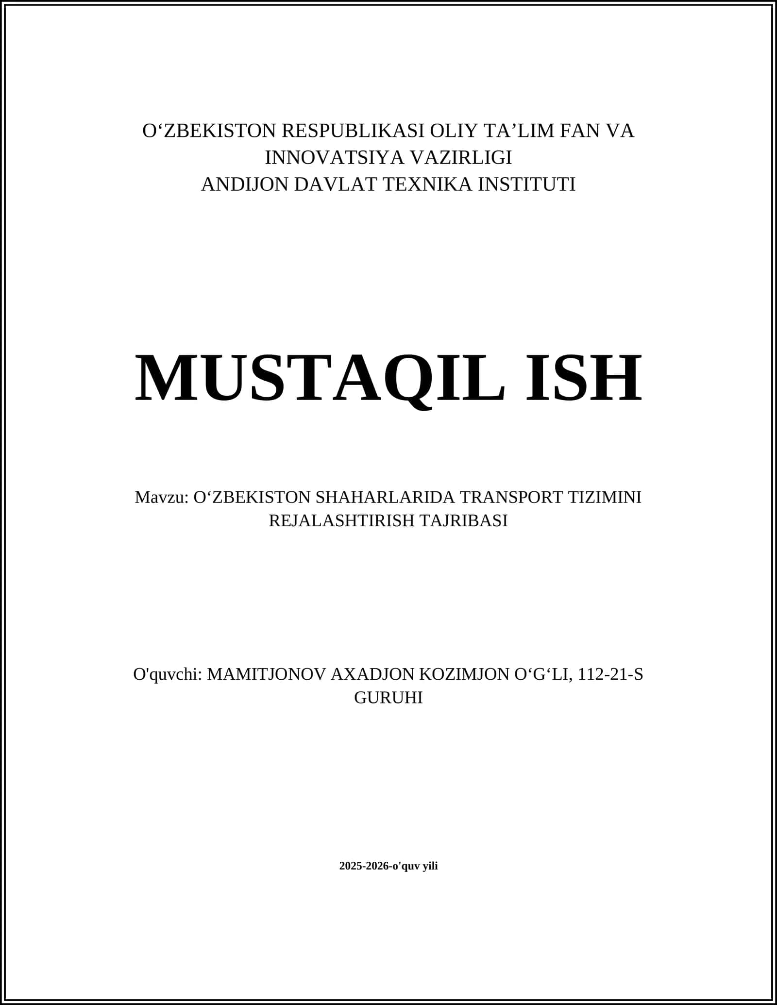 OʻZBEKISTON SHAHARLARI TRANSPORT TIZIMINI REJALASHTIRISH TAJRIBASI 1