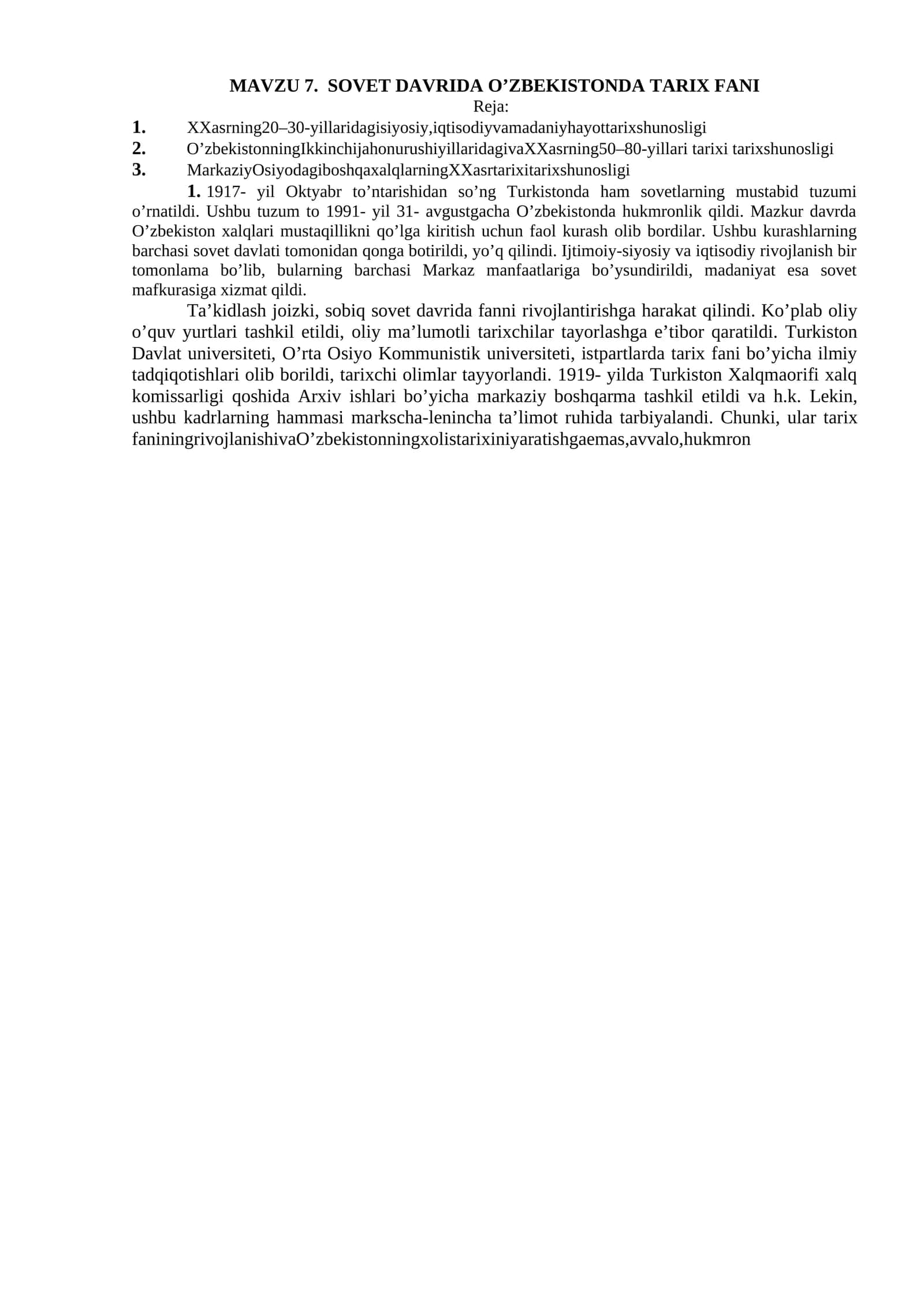 SOVET DAVRIDA O’ZBEKISTONDA TARIX FANI 1