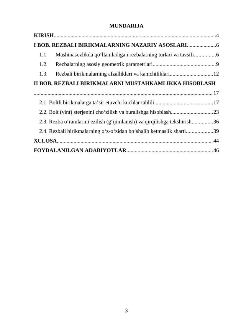 Birikmalar va rezbalar boʻyicha hisoblash tartibi