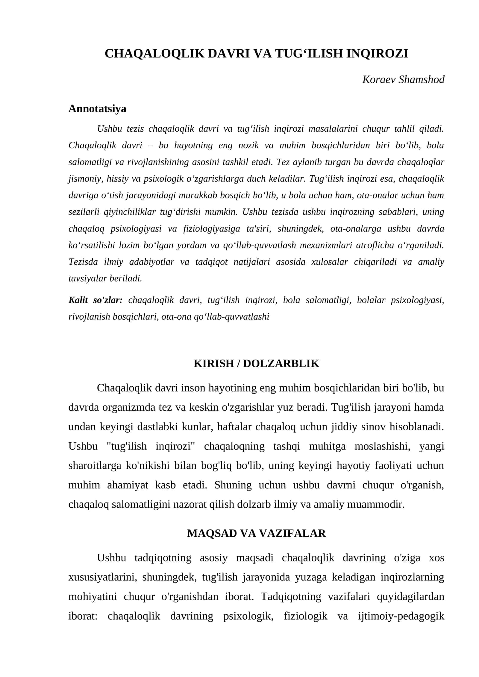CHAQALOQLIK DAVRI VA TUG‘ILISH INQIROZI 1