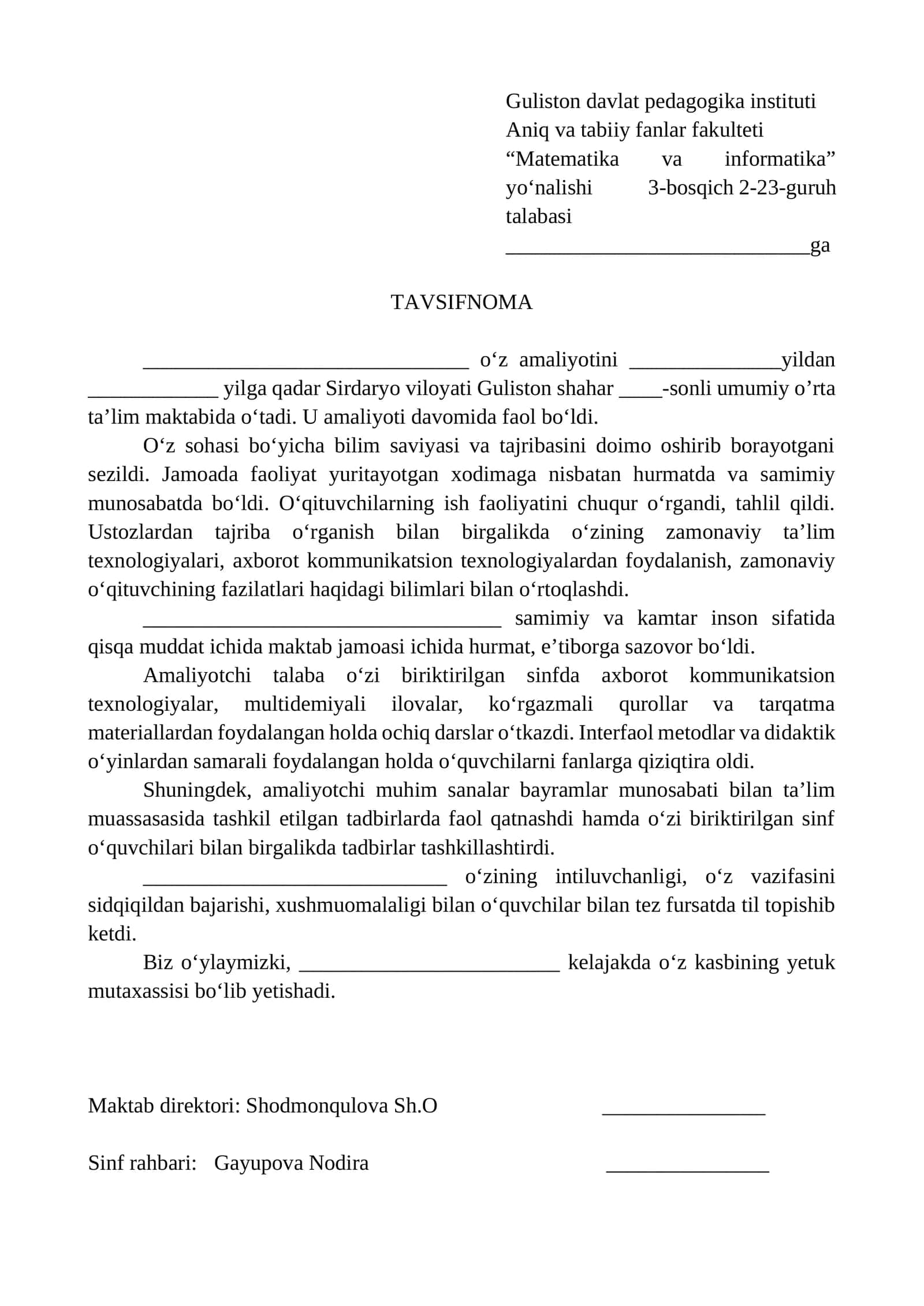 "Matematika va informatika" yo‘nalishi talabasi 1