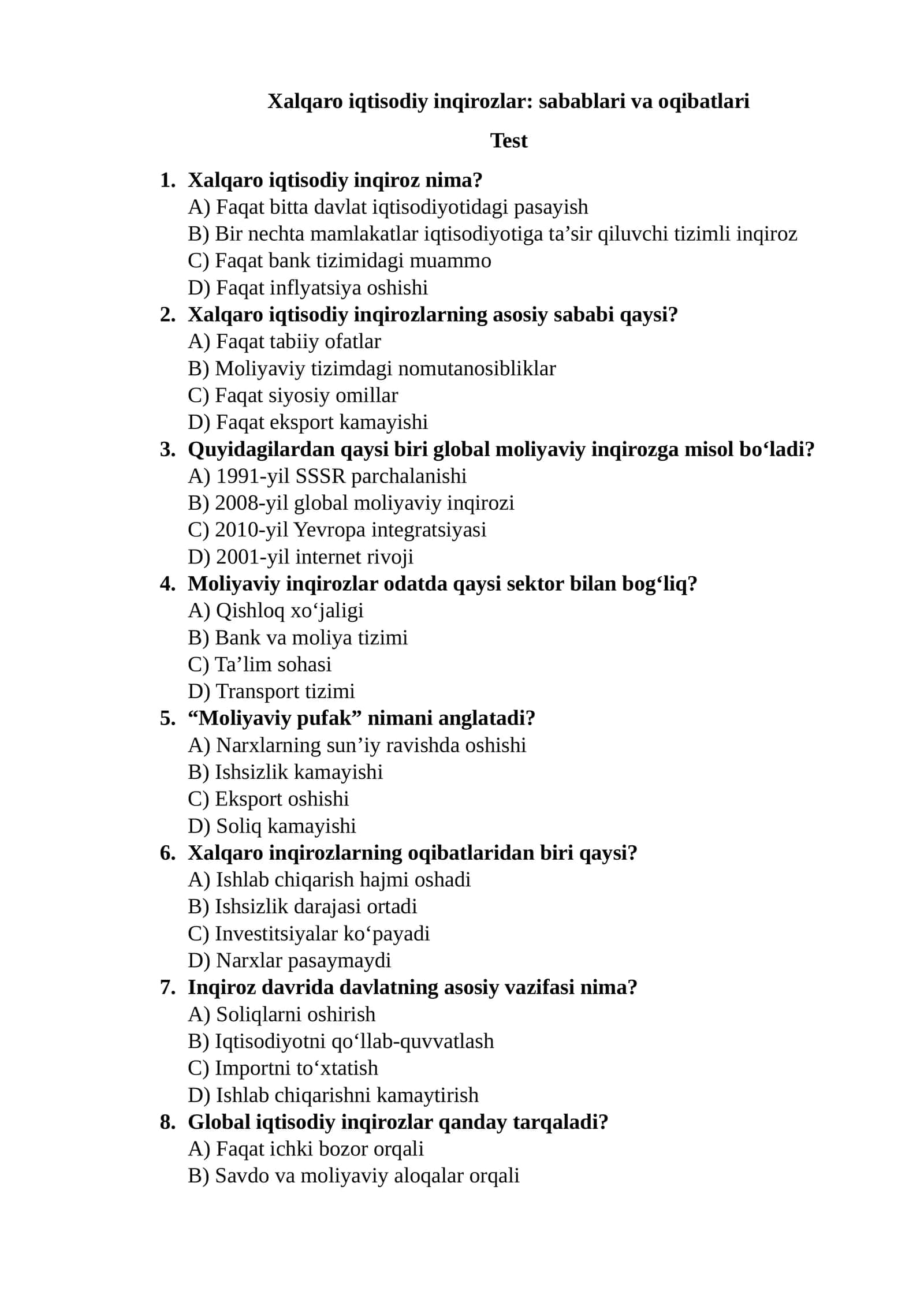 Xalqaro iqtisodiy inqirozlar: sabablari va oqibatlari 1