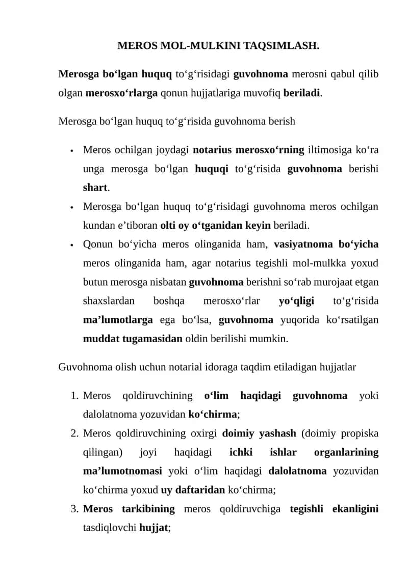 MEROS MOL-MULKINI TAQSIMLASH. 1