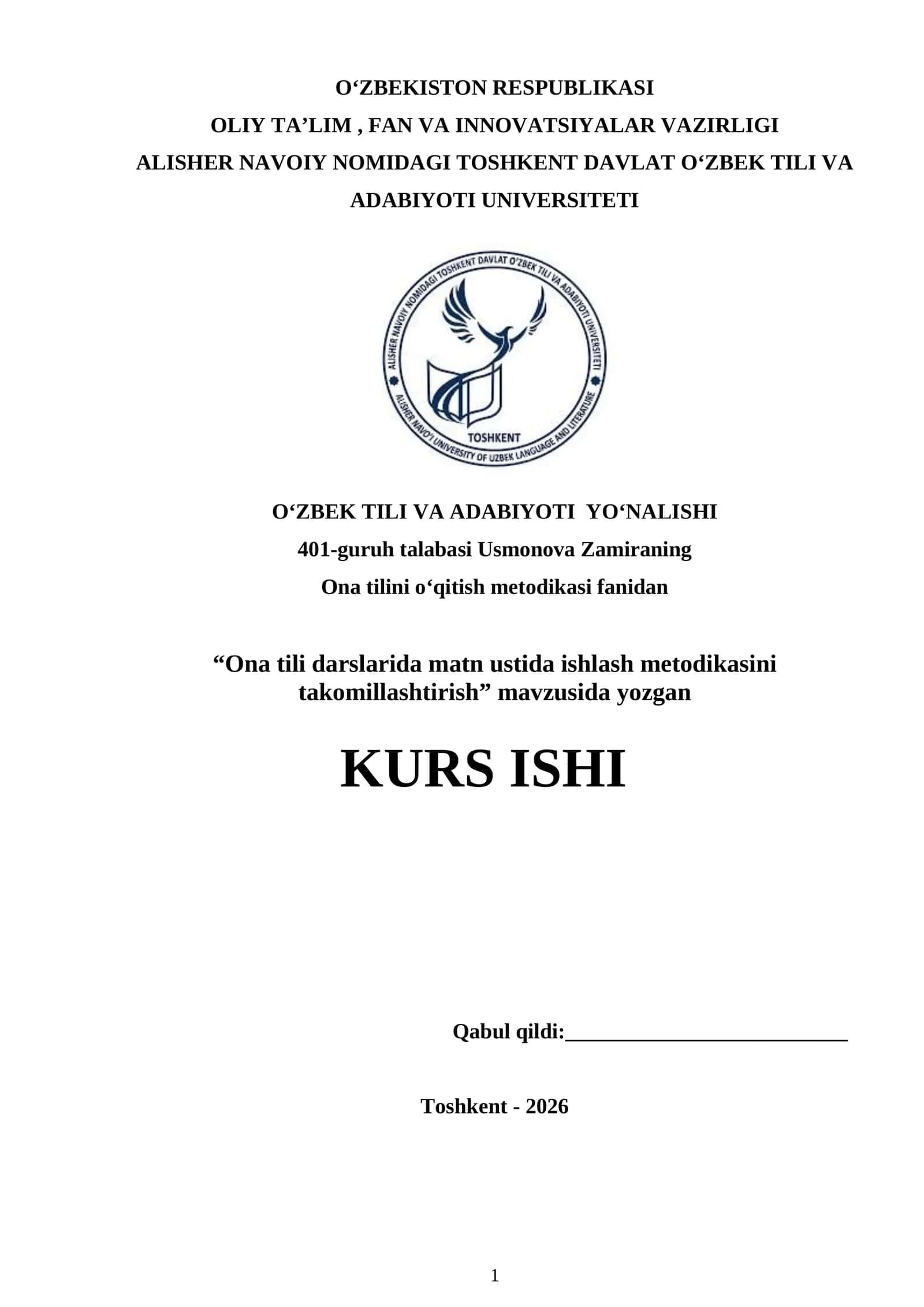 Ona tili darslarida matn ustida ishlash metodikasini takomillashtirish 1