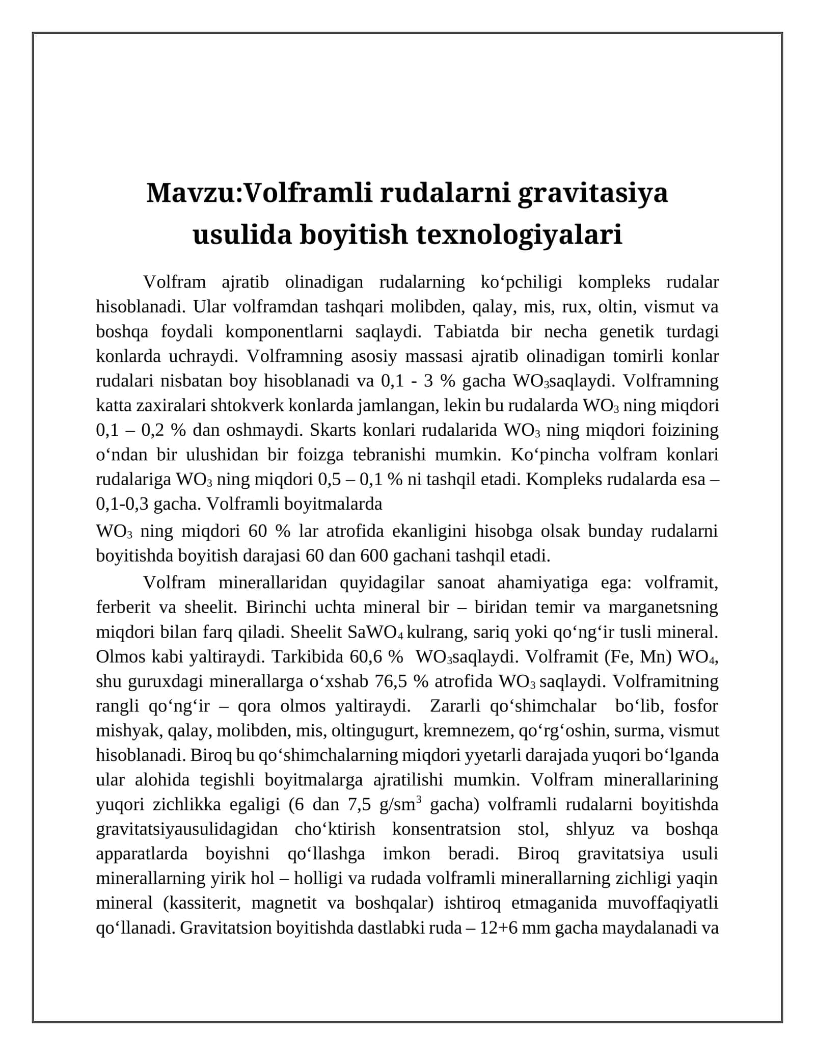 Vоlfrаmli rudаlаrni gravitasiya usulida boyitish tехnоlоgiyalаri 1