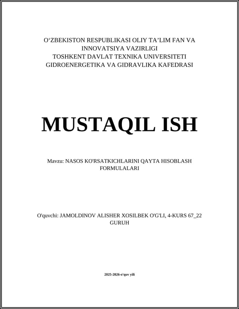 NASOS KO'RSATKICHLARINI QAYTA HISOBLASH FORMULALARI 1