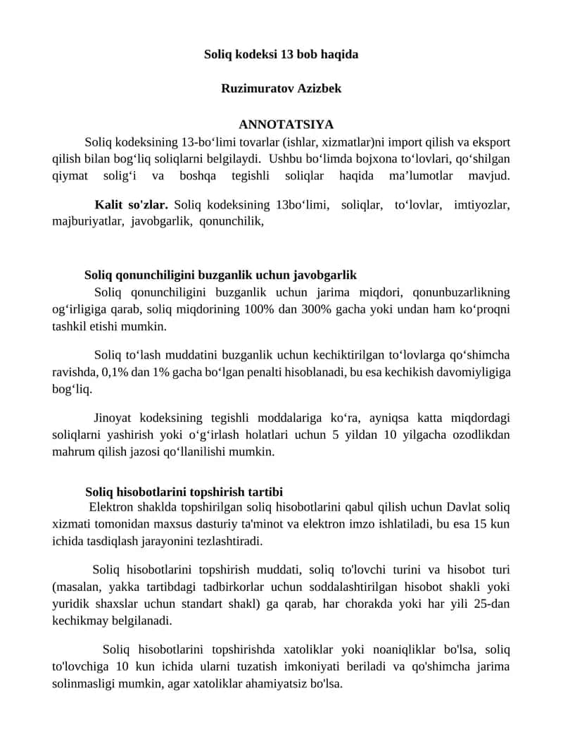 Soliq kodeksi 13 bob haqida 1