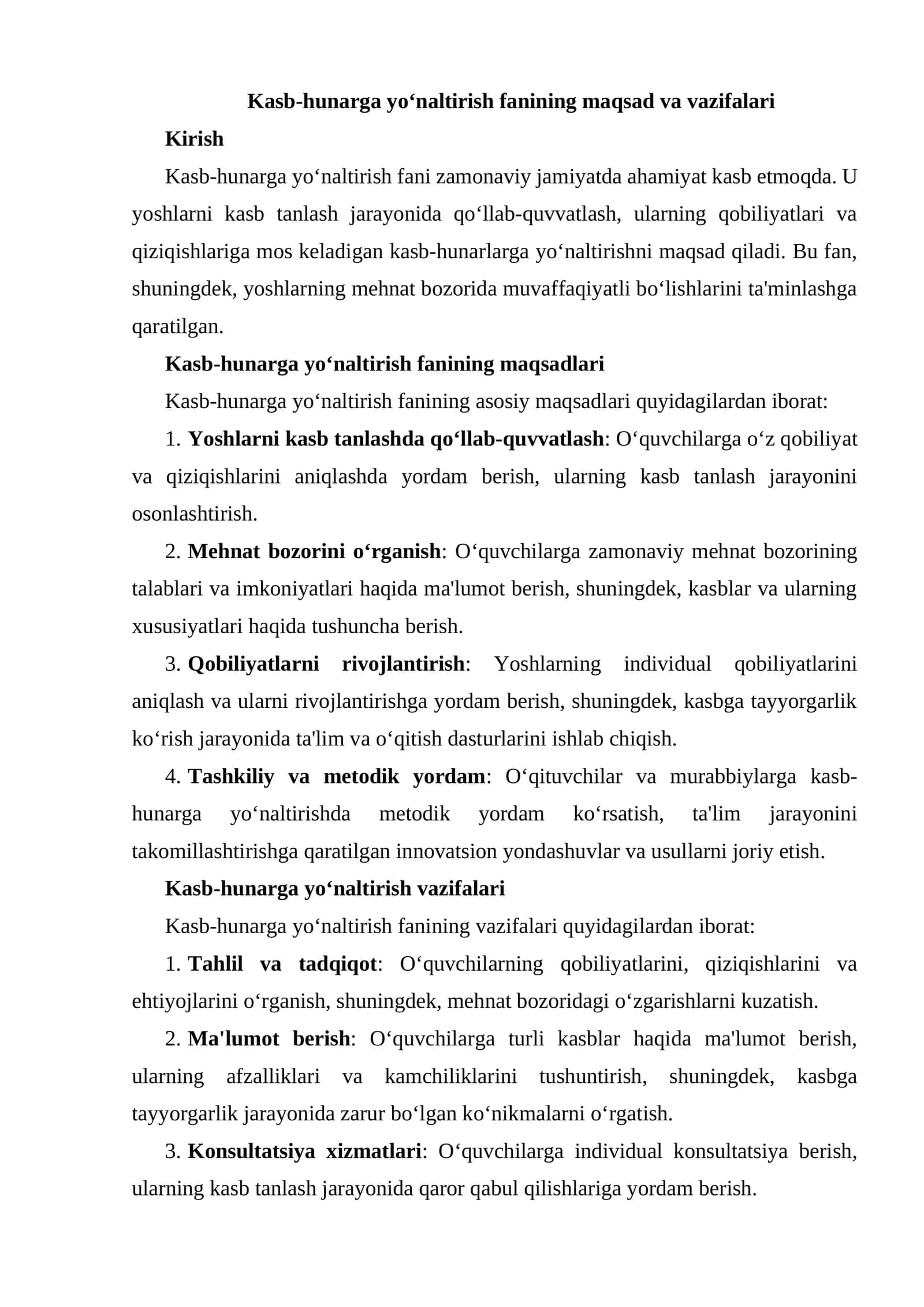 Kasb-hunarga yo‘naltirish fanining maqsad va vazifalari 1