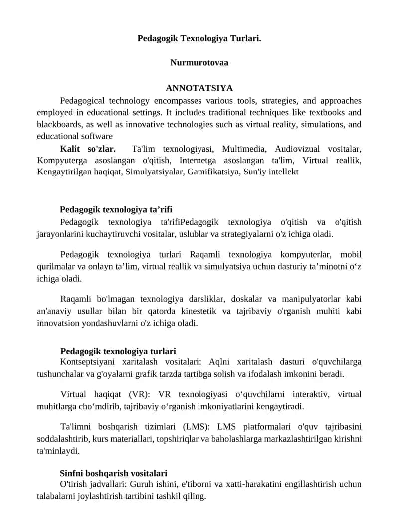 Pedagogik Texnologiya Turlari 1