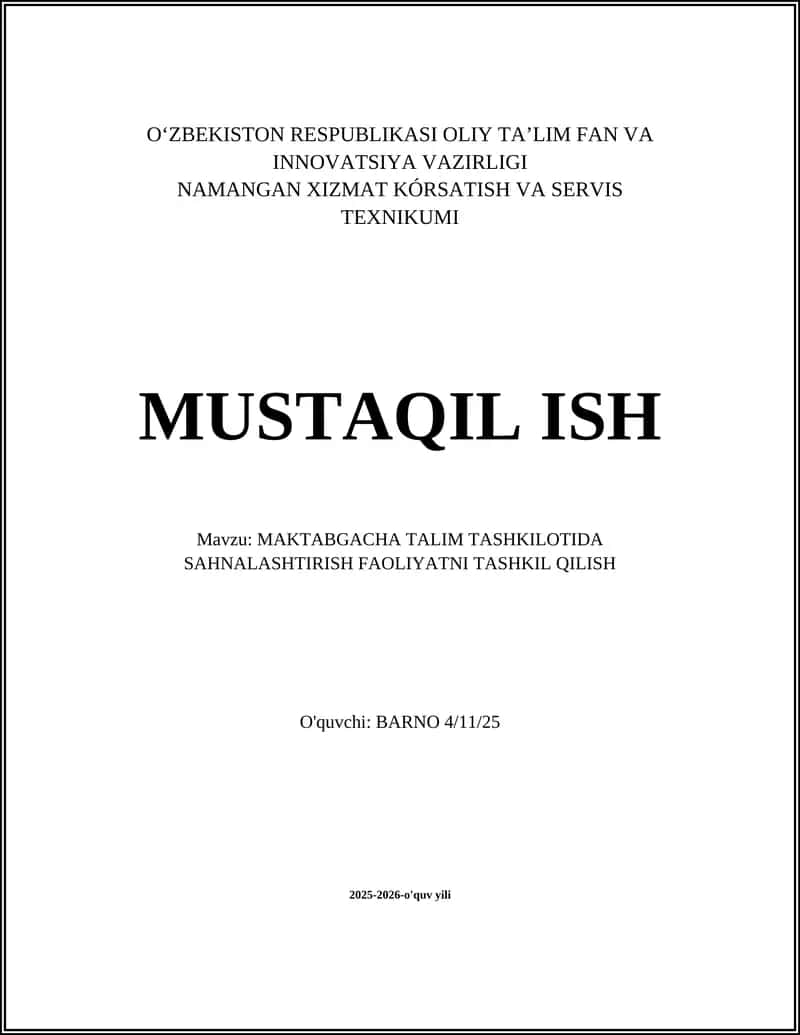 MAKTABGACHA TALIM TASHKILOTIDA SAHNALASHTIRISH FAOLIYATNI TASHKIL QILISH 1