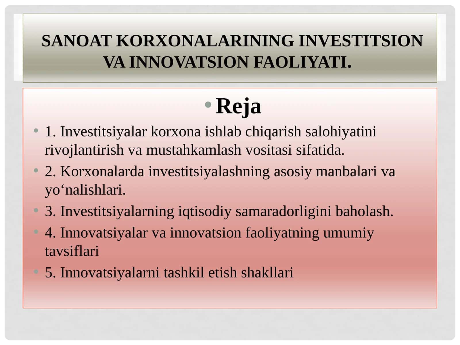 Investitsiyalarning korxonada samaradorligini oshirish qo‘llanma 1