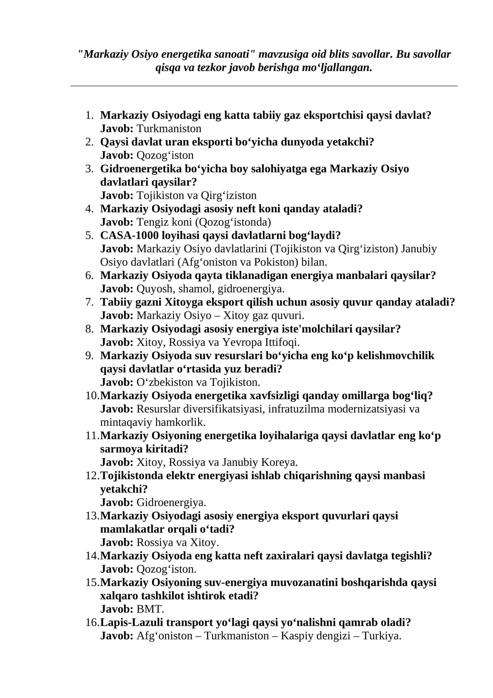 Markaziy Osiyo energetika sanoati blits savollar 1
