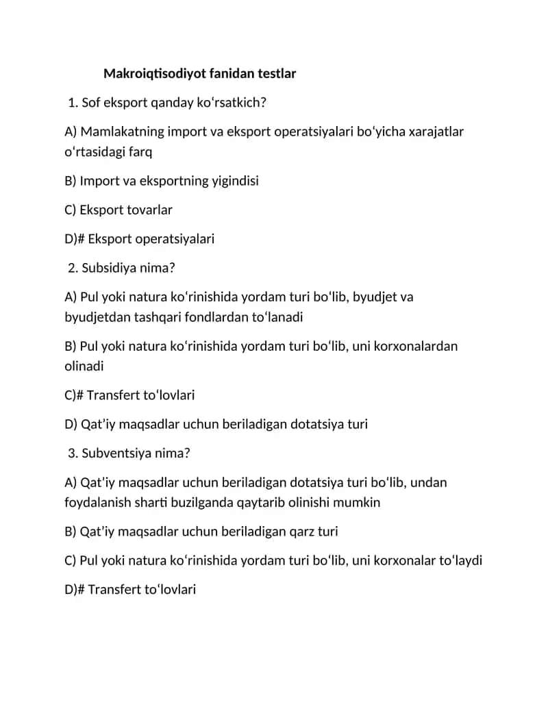 Makroiqtisodiyot fanidan testlar 1