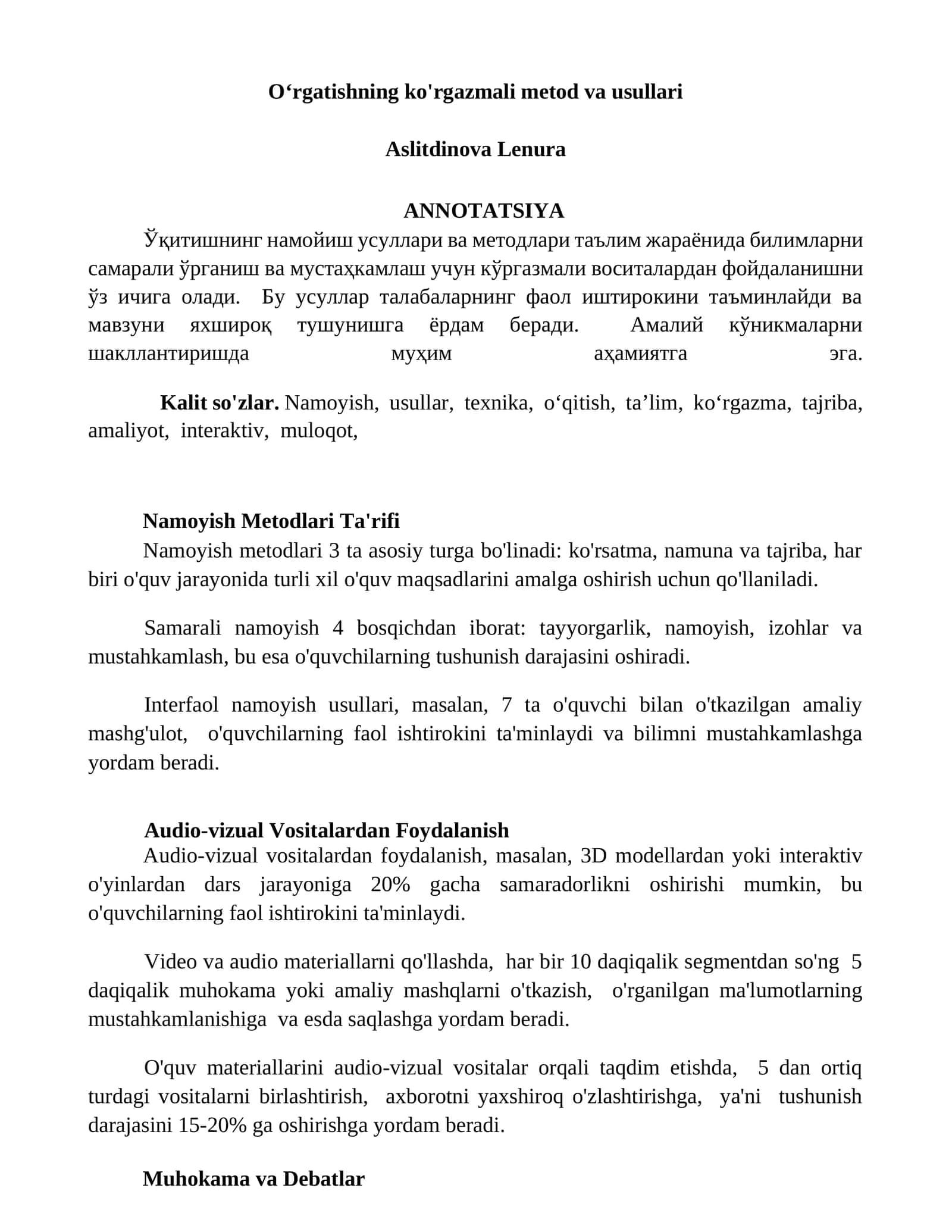 Namoyishning ko'rgazmali metod va usullari 1