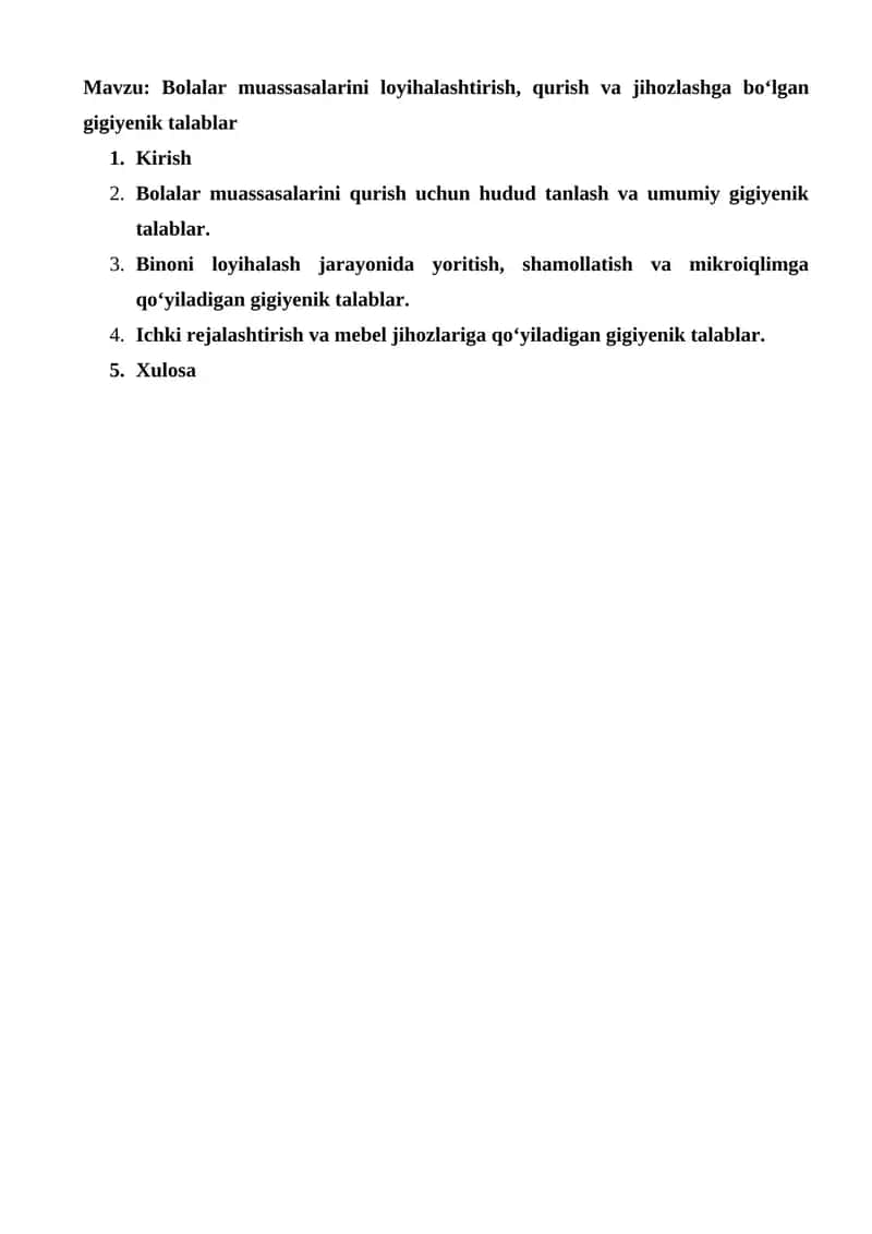 Bolalar muassasalarini loyihalashtirish, qurish va jihozlashga bo‘lgan gigiyenik talablar 1