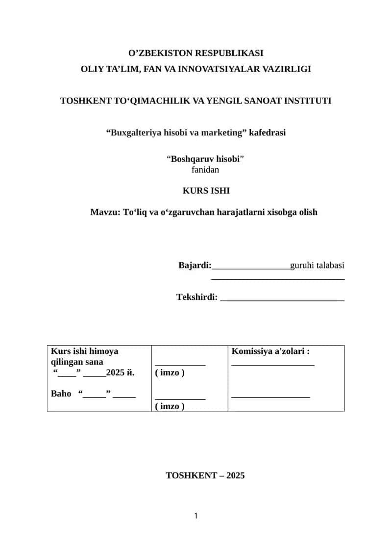 Toʻliq va oʻzgaruvchan harajatlarni xisobga olish 1