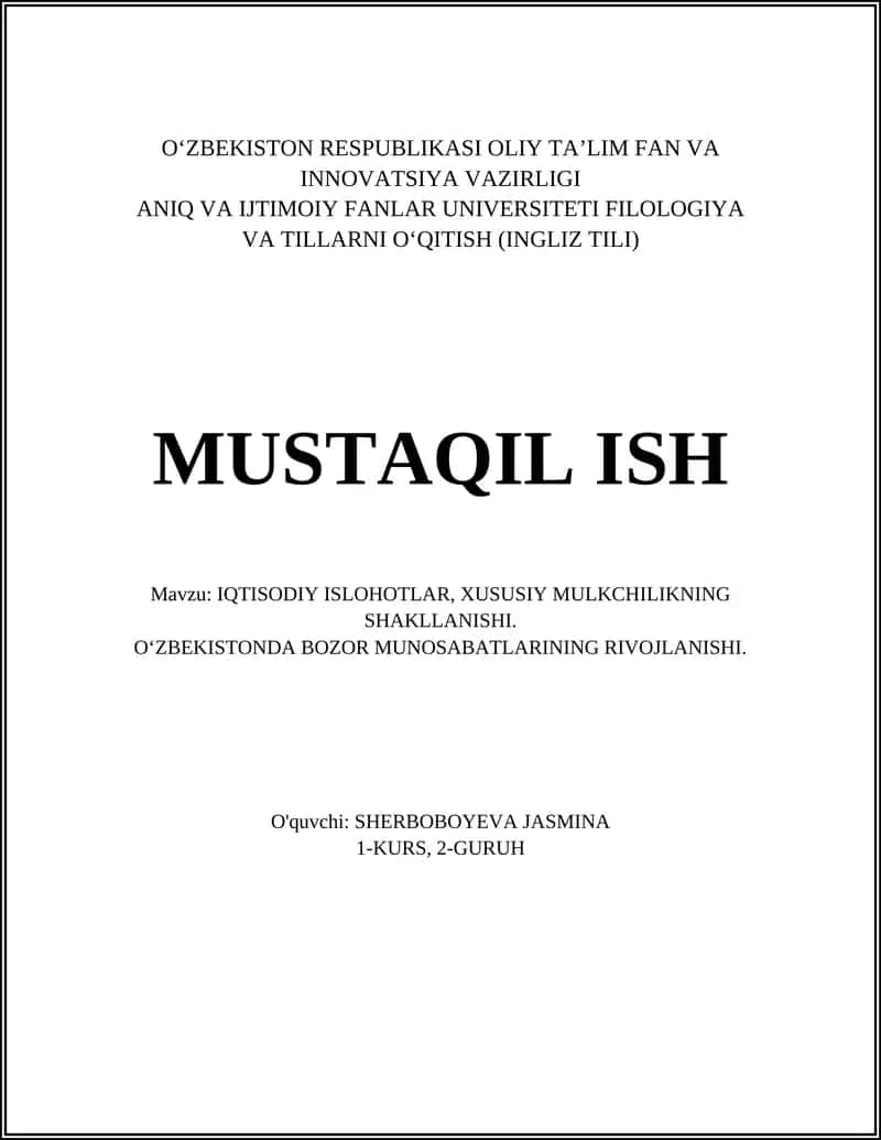 IQTISODIY ISLOHOTLAR, XUSUSIY MULKCHILIKNING SHAKLLANISHI 1