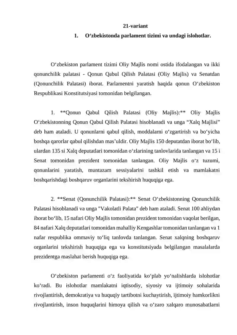 O‘zbekistonda parlament tizimi va undagi islohotlar