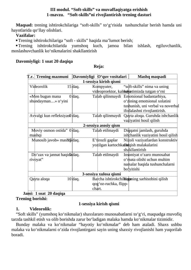 "Soft-skills" ni rivojlantirish trening dasturi 1