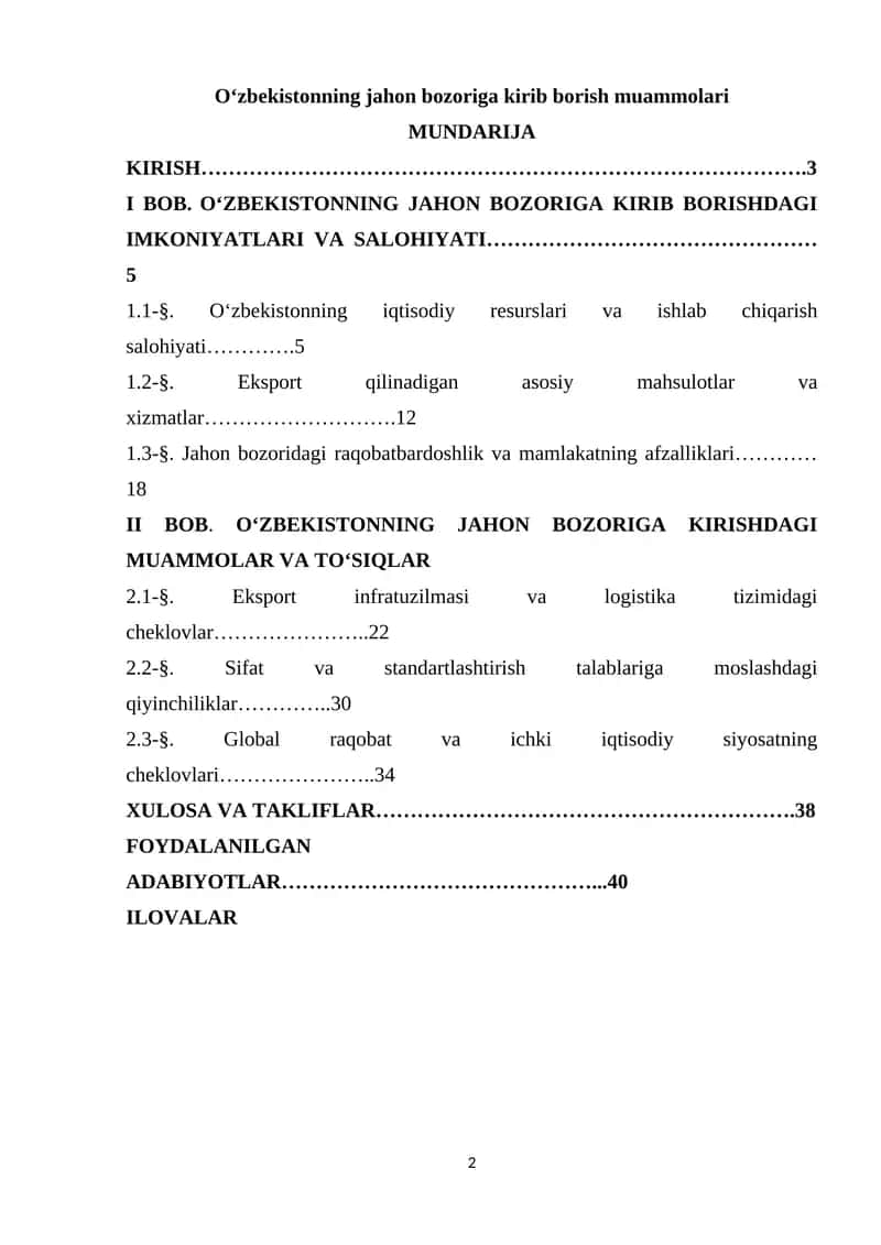 O‘zbekistonning jahon bozoriga kirib borish muammolari 1