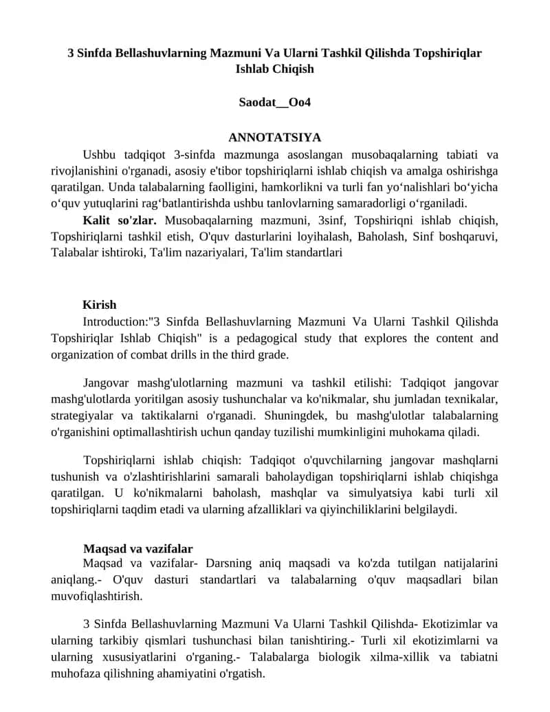 3 Sinfda Bellashuvlarning Mazmuni Va Ularni Tashkil Qilishda Topshiriqlar Ishlab Chiqish 1