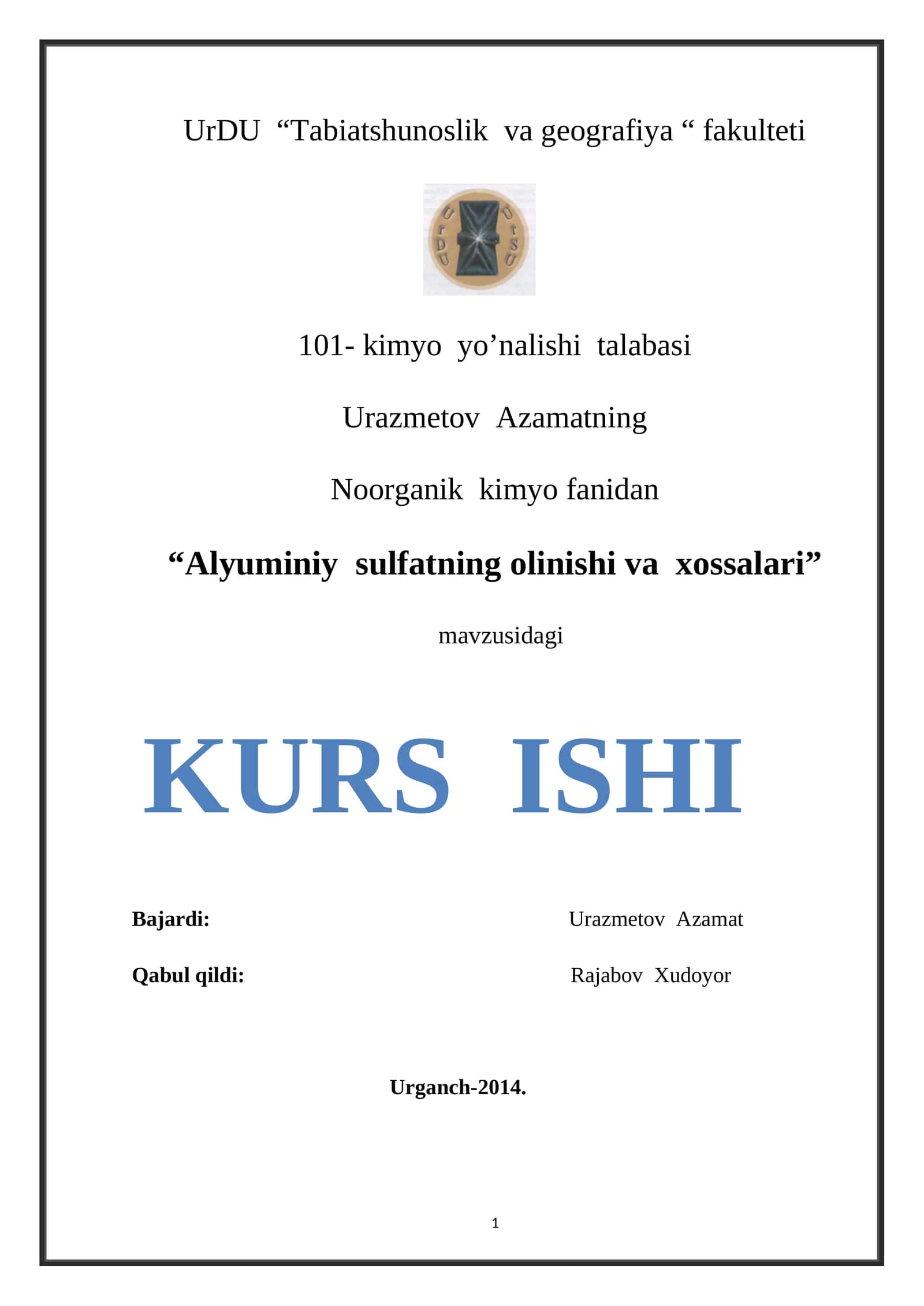 Alyuminiy sulfatning olinishi va xossalari 1