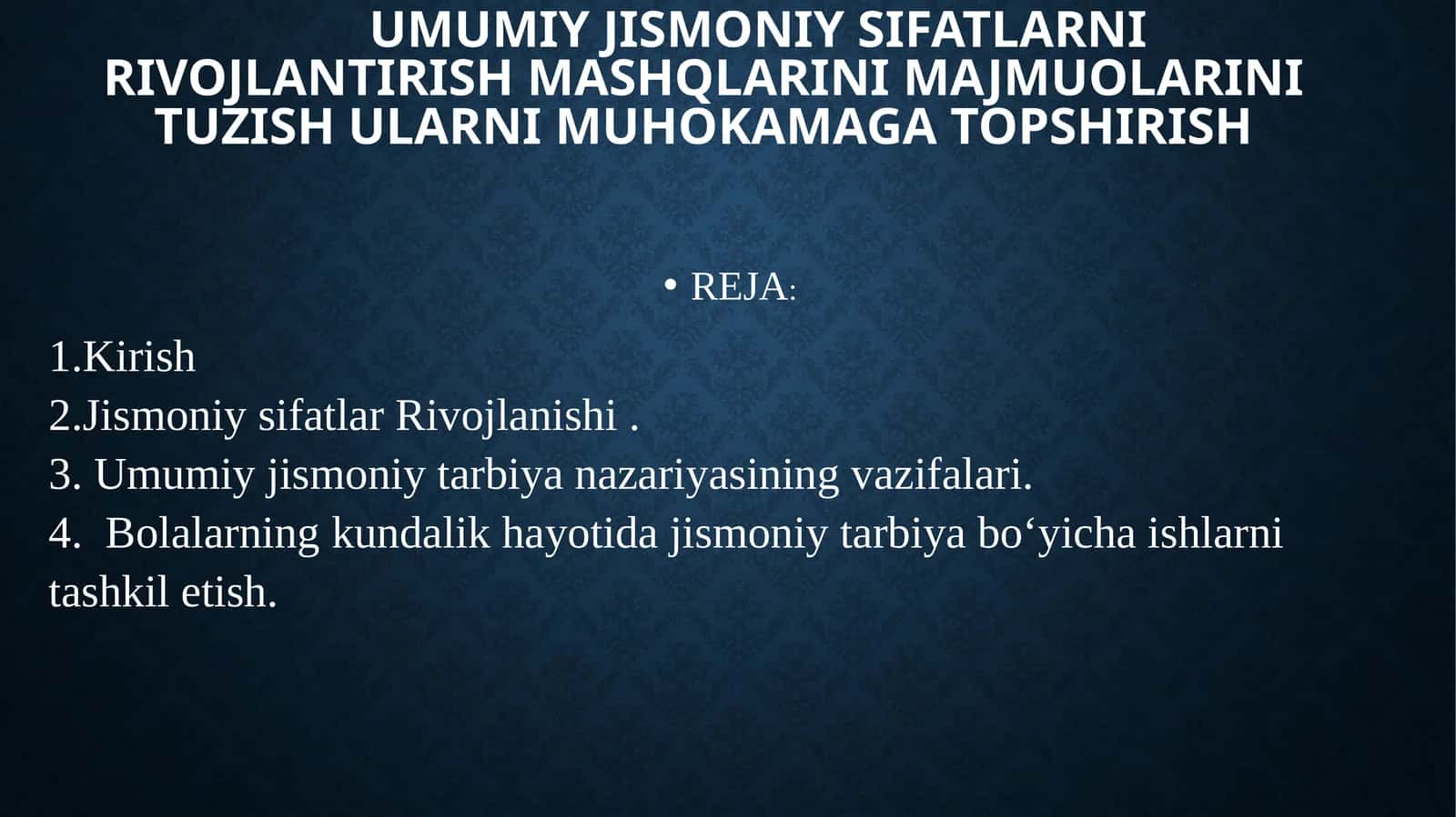 Umumiy jismoniy sifatlarni rivojlantirish mashqlarini majmuolarini tuzish ularni muhokamaga topshirish 1