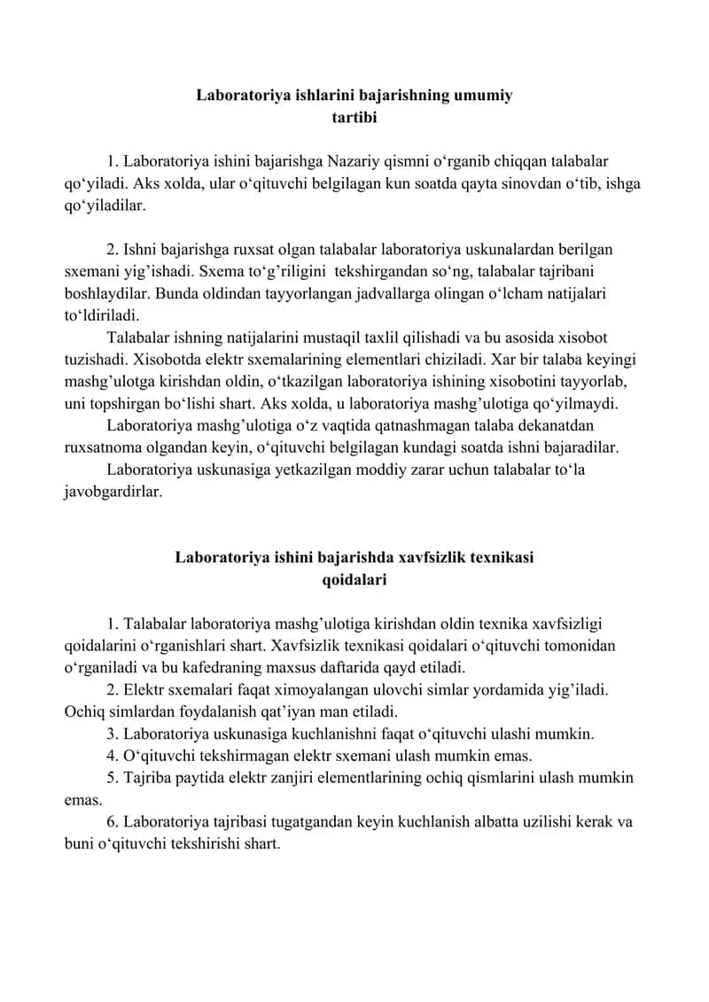 Laboratoriya ishlarini bajarishning umumiy tartibi 1