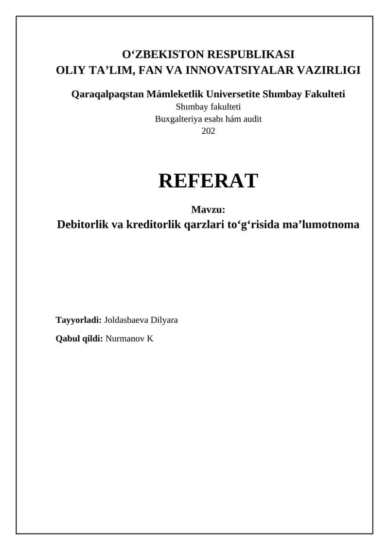 Debitorlik va kreditorlik qarzlari to‘g‘risida ma’lumotnoma 1
