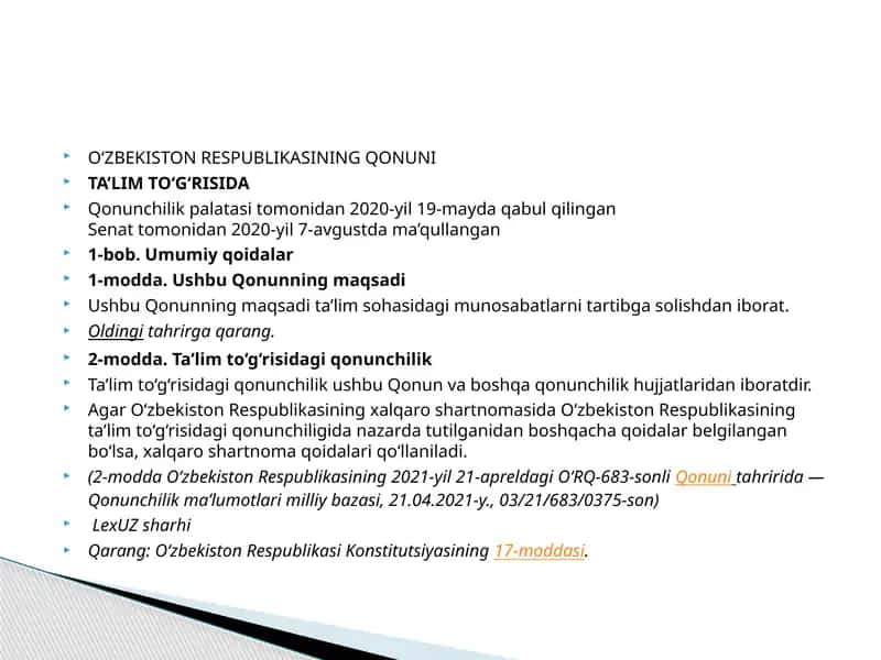 O‘ZBEKISTON RESPUBLIKASINING QONUNI 1