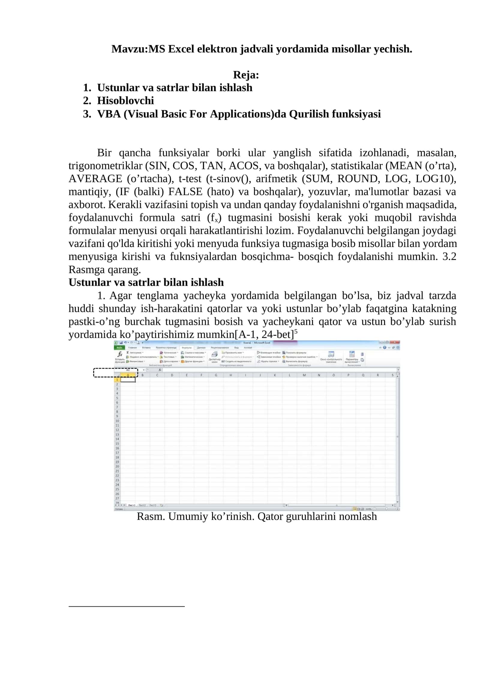 MS Excel elektron jadvali yordamida misollar yechish 1