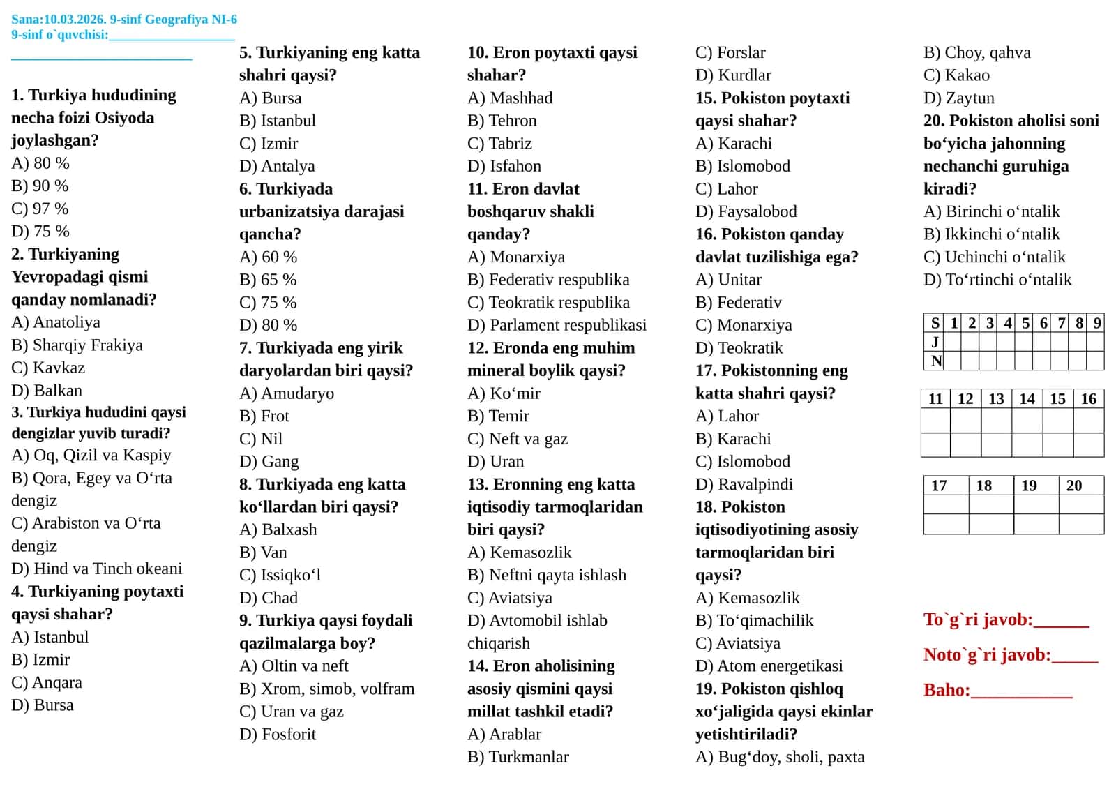 9-sinf Geografiya Nazorat ishi 6 1