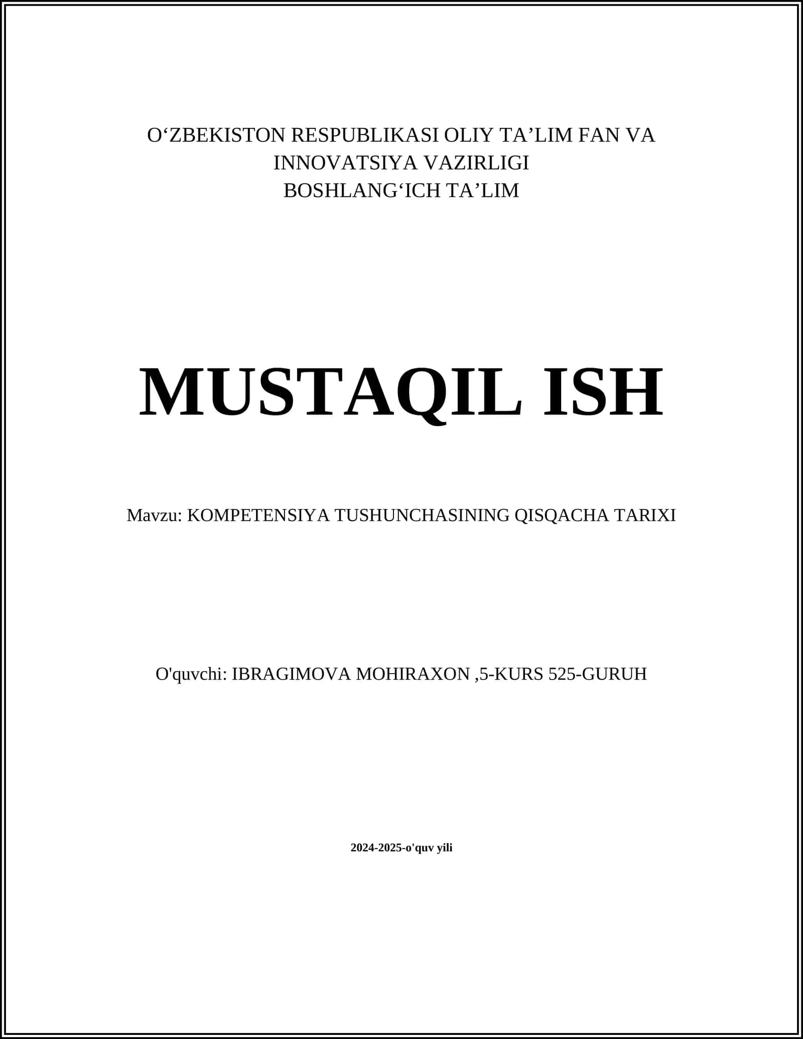 BOSHLANGʻICH TAʼLIM MUSTAQIL ISH 1