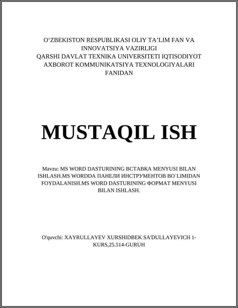 MS Wordda Vstavka (Insert) menyusi bilan ishlash 1