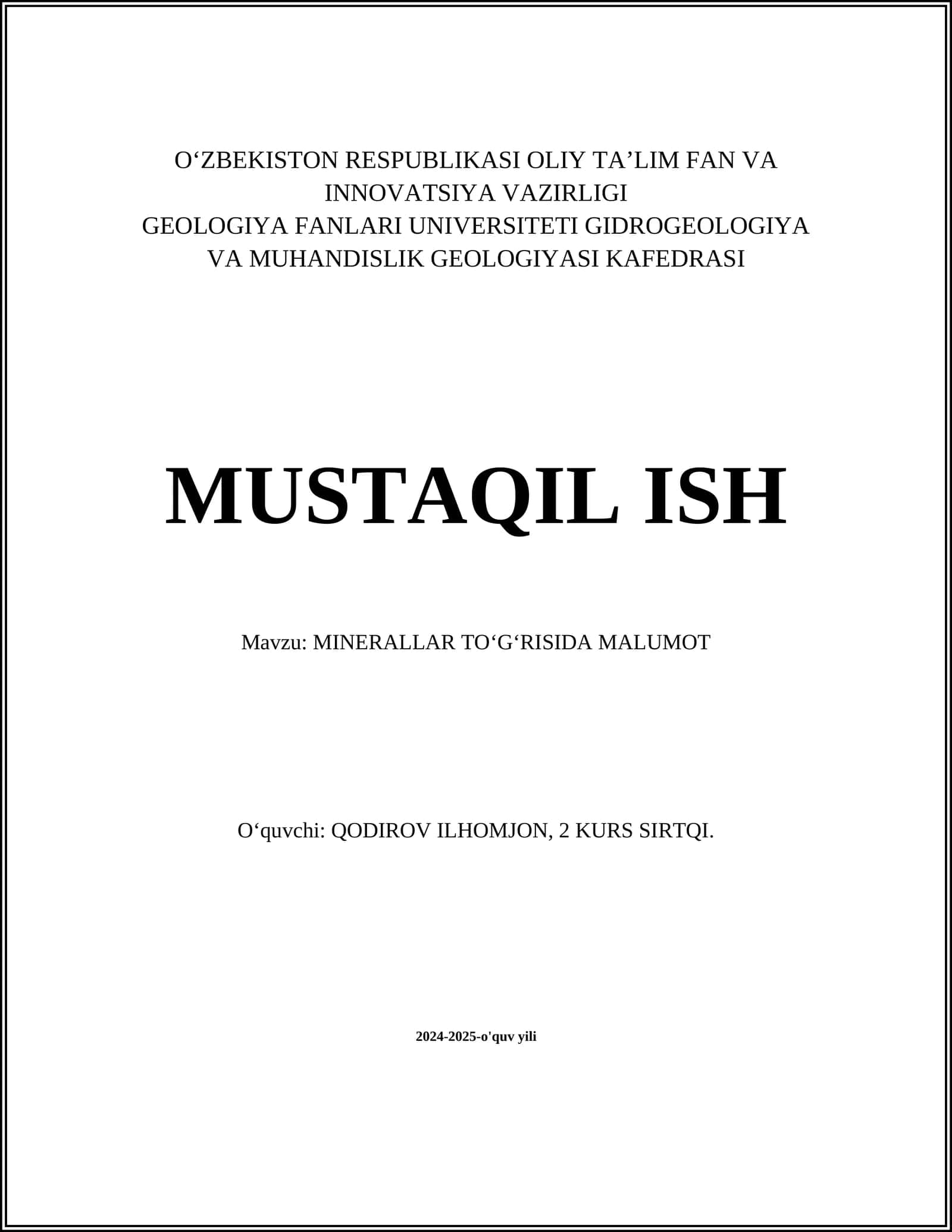 MINERALLAR TO‘G‘RISIDA MALUMOT 1