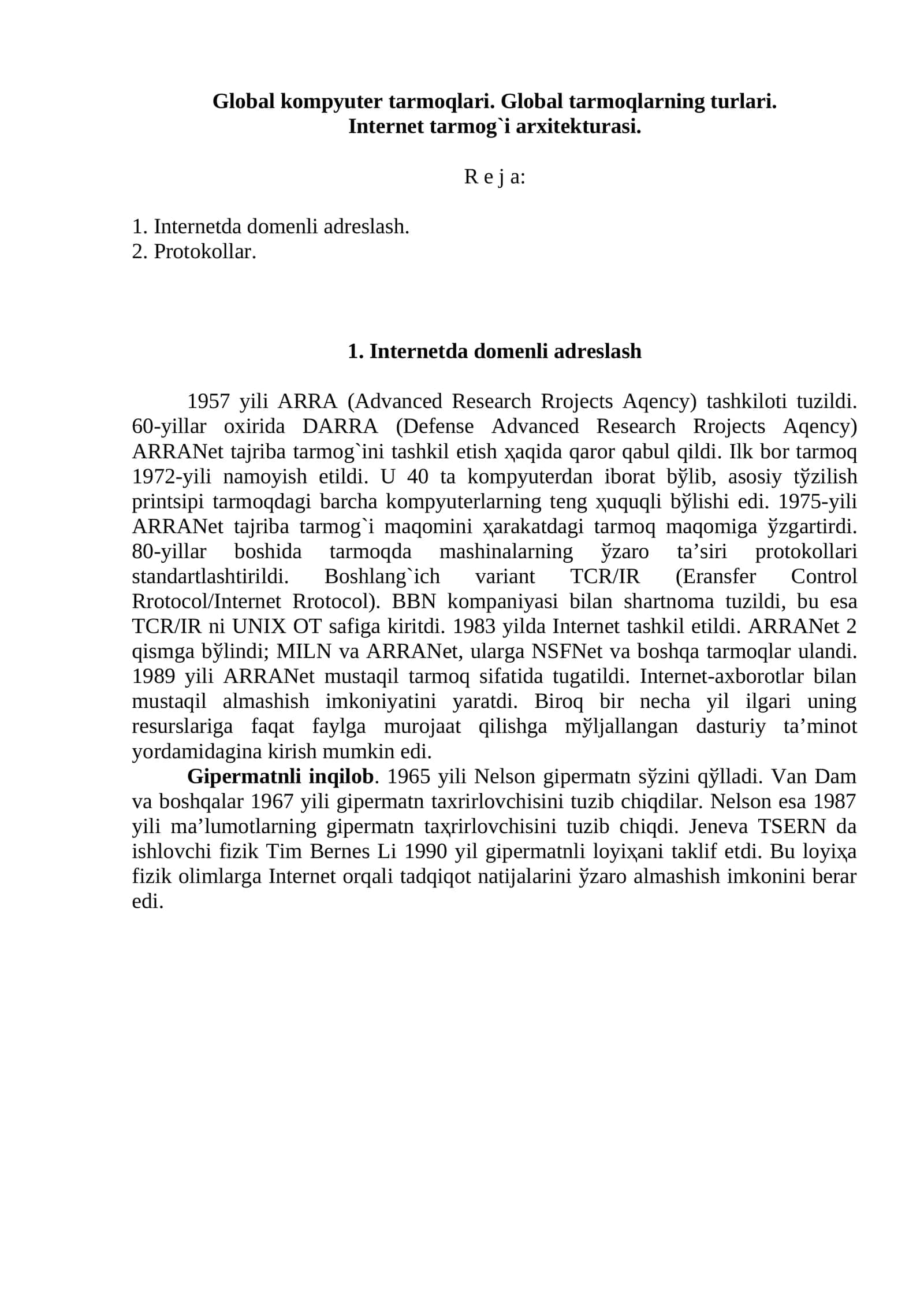 Internet tarmoqi arxitеkturasi 1