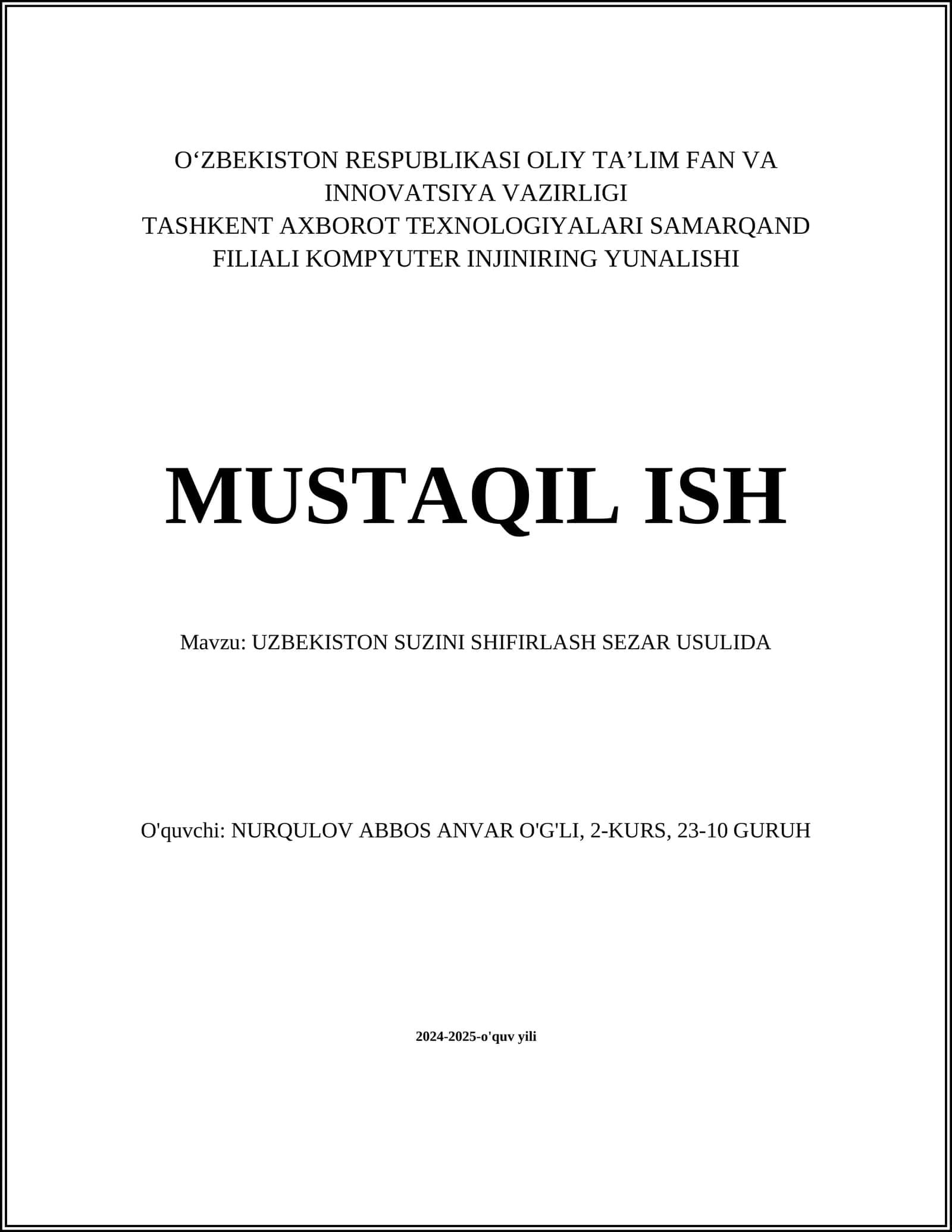 Uzbekiston Suzini Shifrlash Sezar Usulida 1