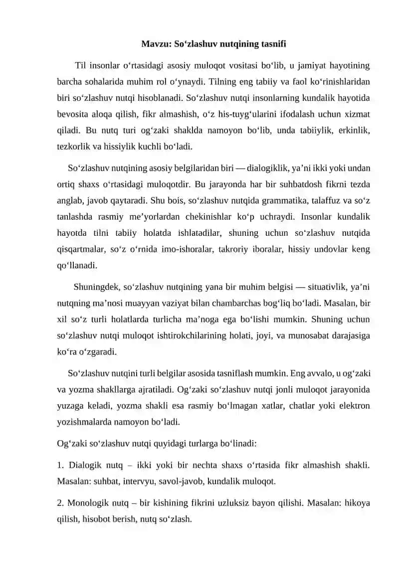 Soʻzlashuv nutqining tasnifi