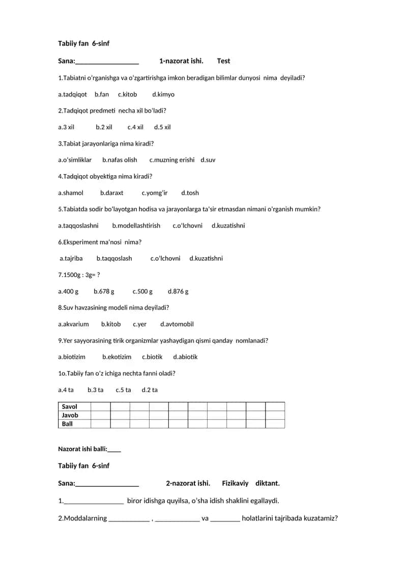 Tabiiy fan 6-sinf 1-nazorat ishi. Test 1