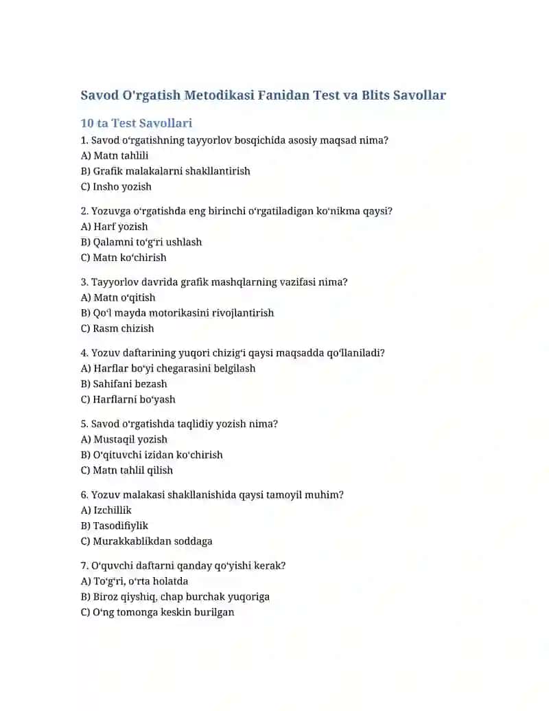 Savod O'rgatish Metodikasi Fanidan Test va Blits Savollar